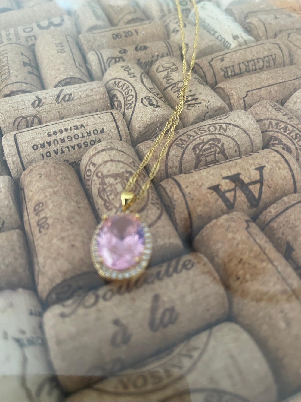 Gold Necklace with Pink Oval Pendant - Picture 2 of 3